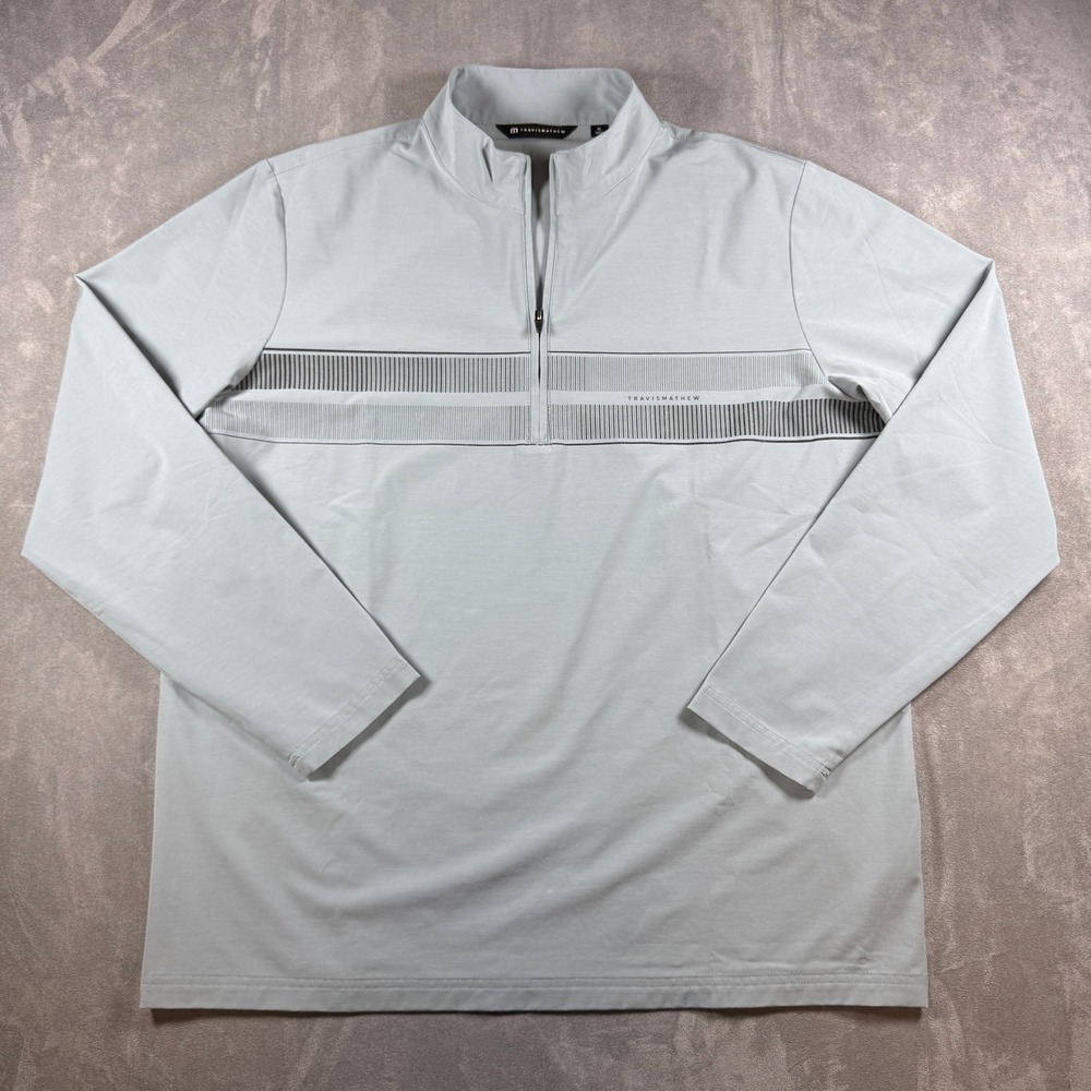 TravisMathew Mens XL‎ 1/4 Zip Pullover Golf Shirt Light Blue Gray Stripe